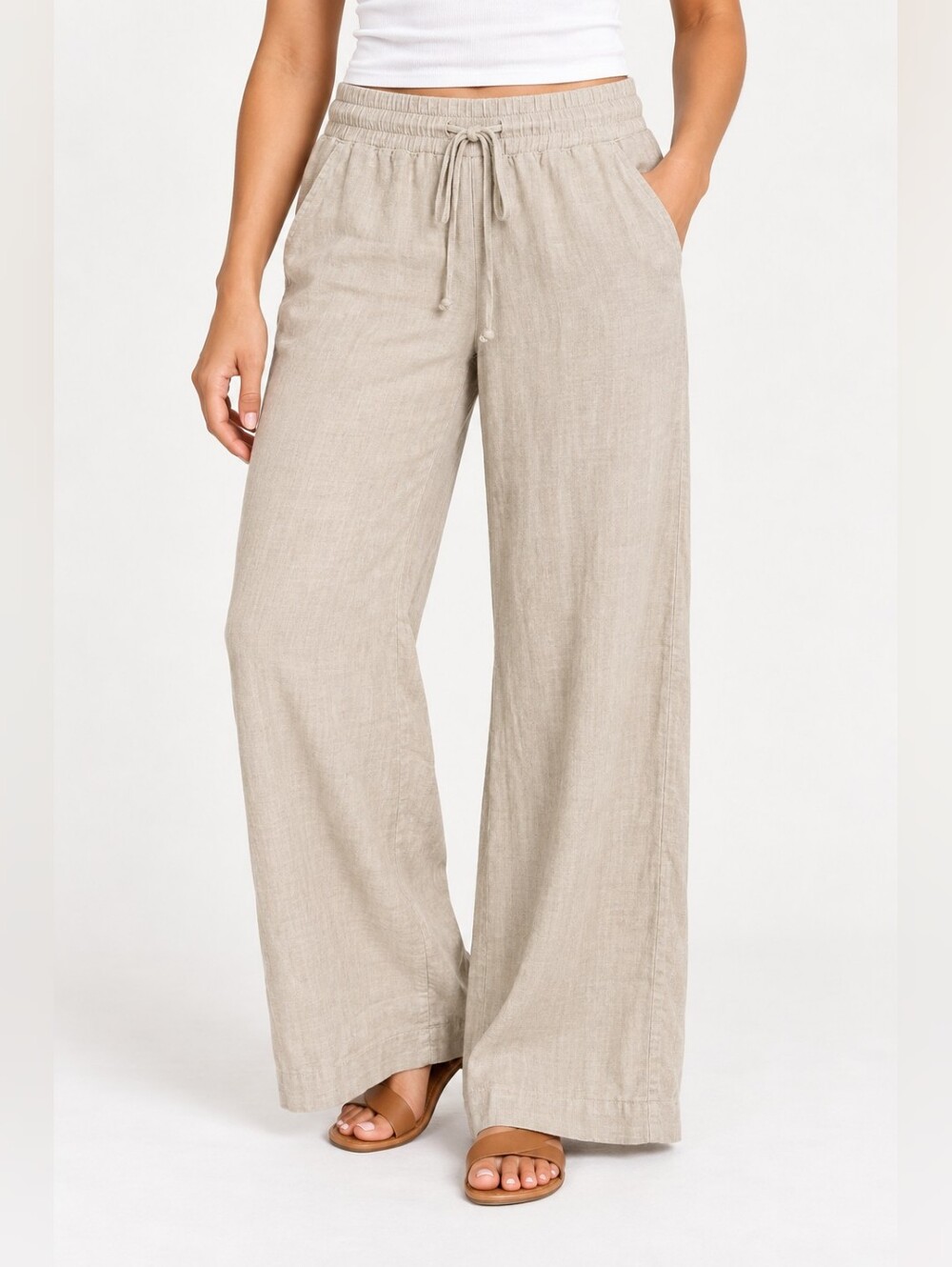 A New Day Large Beige Linen Blend Wide Leg Pants Pull On Drawstring Coastal